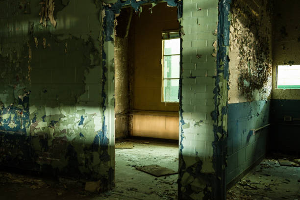 istock Looking through open doorway in an abandoned factory with peeling paint 1141001937