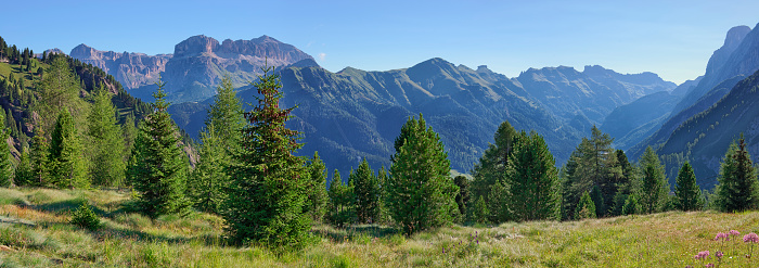 Panoramic summer view from Ciampac in the Fassa Valley (Italy)