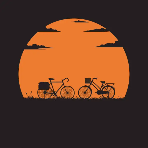 Vector illustration of Silhouette two bike on meadow with the sunset for background