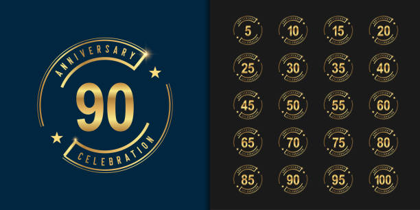 ilustraciones, imágenes clip art, dibujos animados e iconos de stock de conjunto de logotipo de aniversario. aniversario de oro celebración diseño emblema. - aniversario