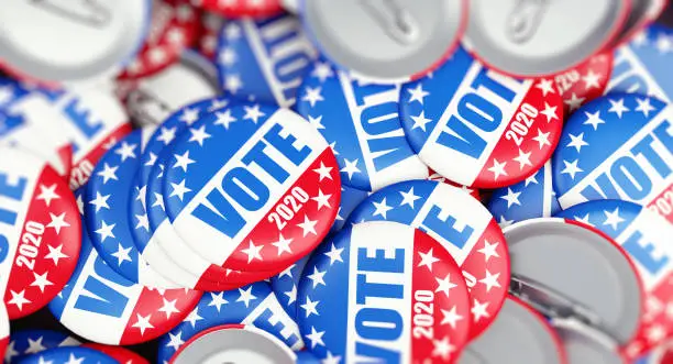 Photo of vote election badge button for 2020 background, vote USA 2020, 3D illustration, 3D rendering