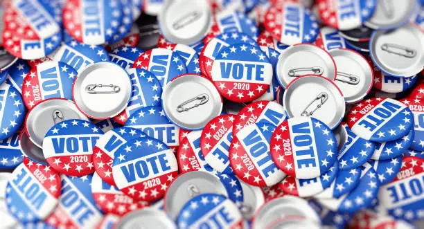 Photo of vote election badge button for 2020 background, vote USA 2020, 3D illustration, 3D rendering