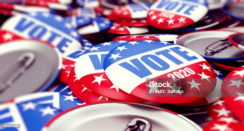 vote election badge button for 2020 background, vote USA 2020, 3D illustration, 3D rendering Voting Stock Photo