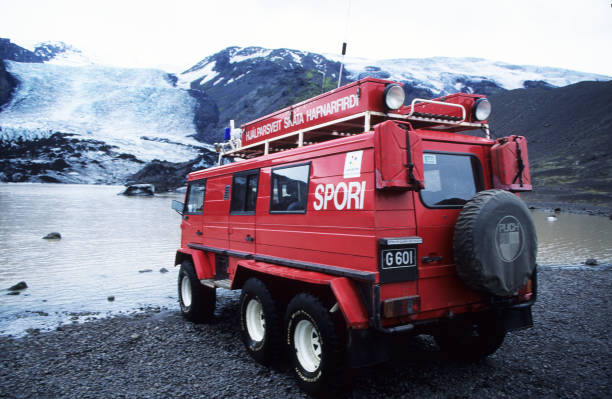 Iceland, august 08, 2018; A hugh red Rescue Truck in the inland of Iceland