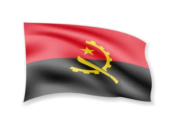 Vector illustration of Waving Angola flag on white. Flag in the wind.