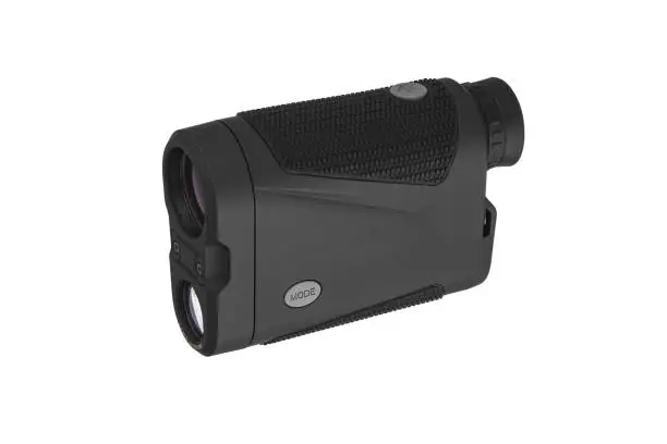 Photo of Modern optical range finder isolated on white background. Isolated black plastic rangefinder used for golfing or hunting.