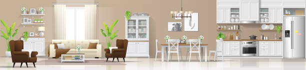 moderner rustikaler innenausbau mit wohnzimmer, esszimmer und küchenkombination, vektor, illustration - küche modern stock-grafiken, -clipart, -cartoons und -symbole