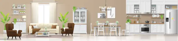 Vector illustration of Modern rustic house interior background with living room , dining room and kitchen combination , vector , illustration