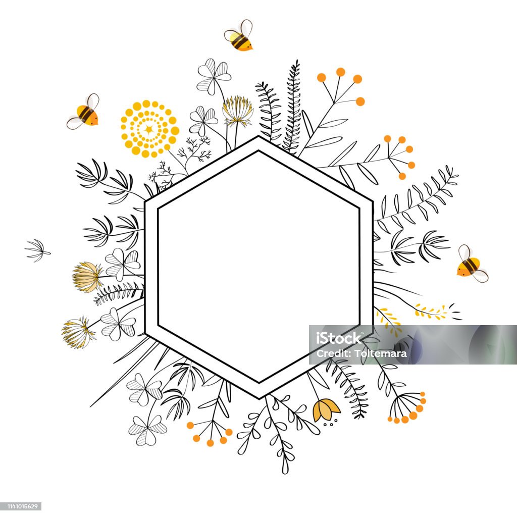 Frame with honey flowers and bees. Cartoon vector illustration - Royalty-free Abelha arte vetorial