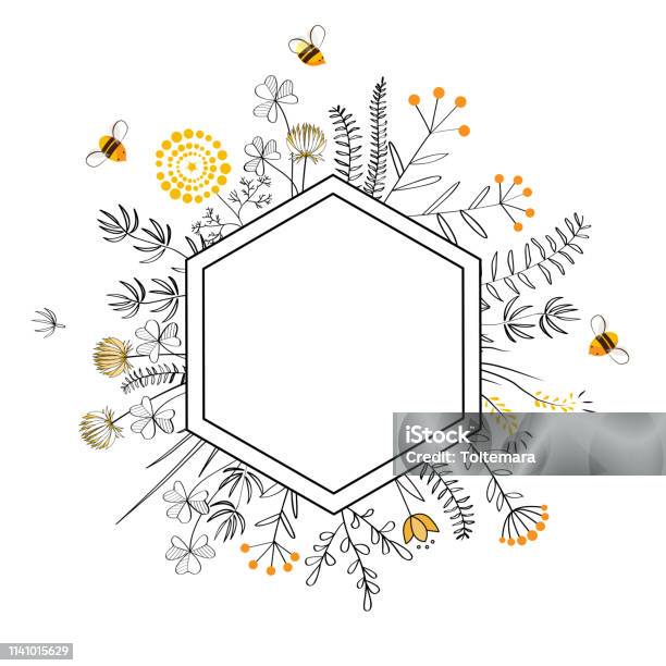 Frame With Honey Flowers And Bees Cartoon Vector Illustration - Arte vetorial de stock e mais imagens de Abelha