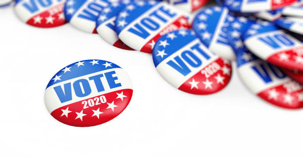 istock vote election badge button for 2020 background, vote USA 2020, 3D illustration, 3D rendering 1141018629
