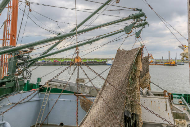 Norddeich, Germany, September 8, 2018 - Detail of the Rigging on a shrimp cutter in Norddeich.
