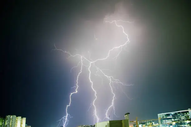 Heavy Lighting storm with strikes from cloud to ground over Financial District, Hyderabad, India, 31st March 2019