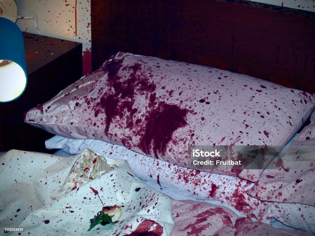 Murder Crime Scene (staged Fake theatrical blood used) Staged murder crime scene scene with blood splats and streaks across the walls and surfaces with dripping blood. Fake theatrical blood used. Crime Scene Stock Photo