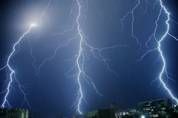 Heavy Lighting storm with strikes from cloud to ground over Financial District, Hyderabad, India, 31st March 2019