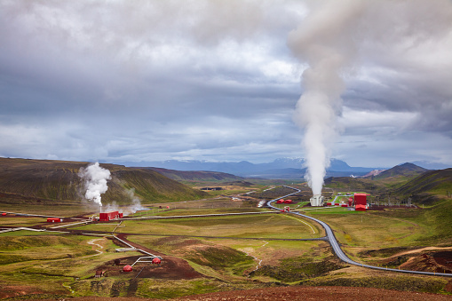 Aerial view of Krafla geothermal power plant, the largest Icelands power station near Krafla Volcano, Northeastern Iceland, Scandinavia