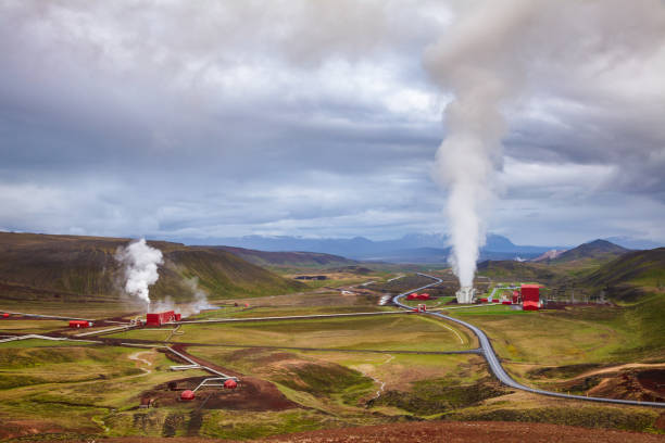 Krafla geothermal power plant aerial view Northeastern Iceland Scandinavia stock photo