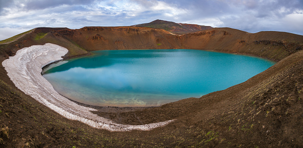 Panoramic view of crater Víti (hell) with emerald blue colored water at Krafla volcanic area in Mývatn region, Northeastern Iceland, Scandinavia