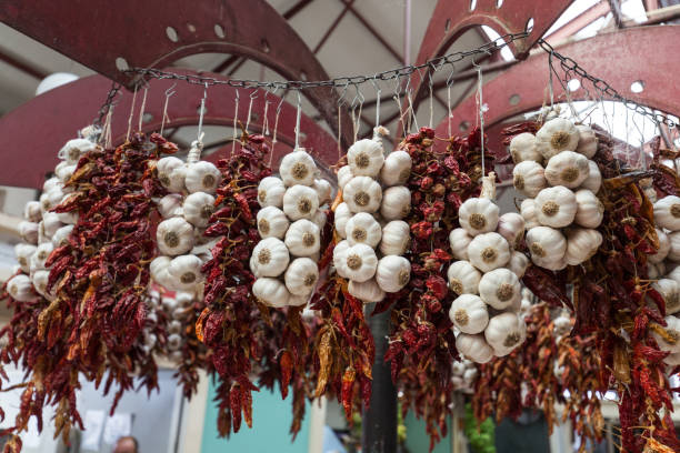 chili peppers and garlic on string in funchal on madeira. portugal - garlic hanging string vegetable imagens e fotografias de stock