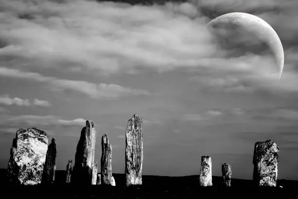 Stone Circle and a crescent moon at  Callanish, Isle of Lewis, Scotland - artist impression
