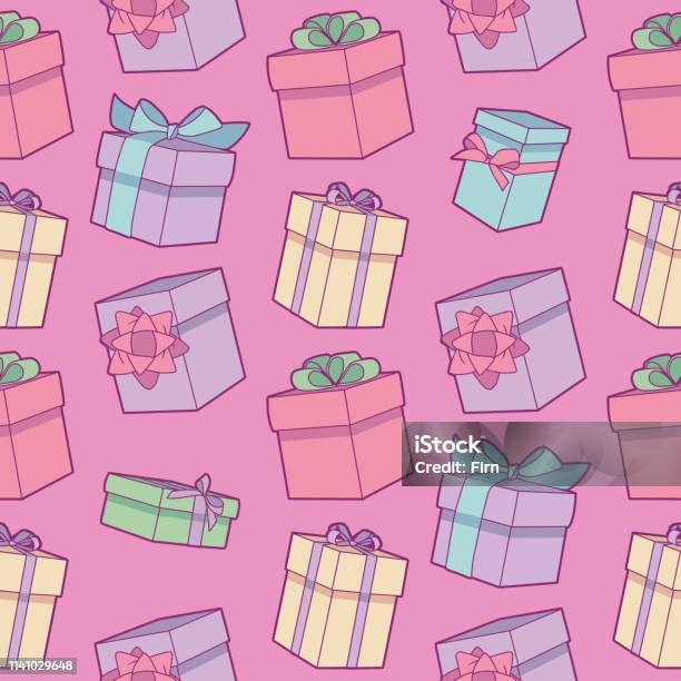 Seamless Colorful Cartoon Birthday Pattern With Wrapped Gift Boxes With Bows On Pink Background Stock Illustration - Download Image Now