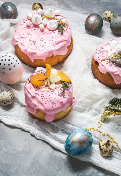 istock Easter composition with orthodox sweet bread, kulich and eggs on concrete background 1141031299