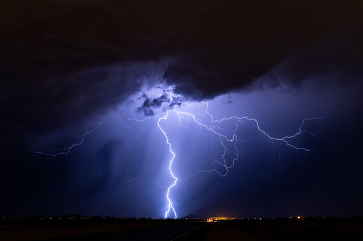 Lightning storm at night over Phoenix, Arizona.