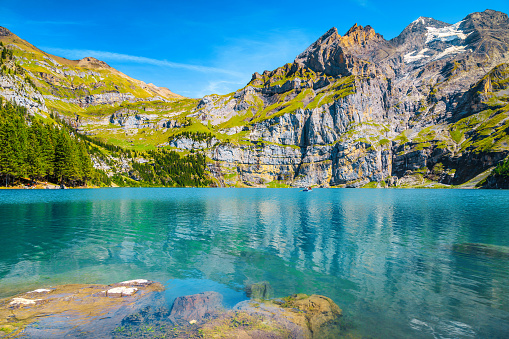 Fantastic travel and tourism location, amazing alpine lake and snowy mountains with glaciers, Oeschinensee lake, Bernese Oberland, Switzerland, Europe