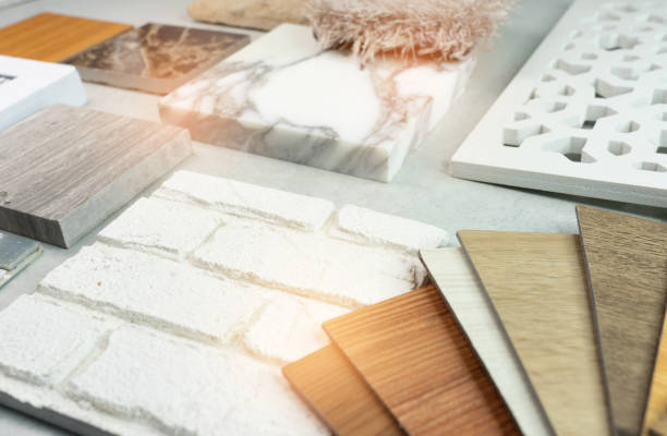 istock Samples of material, wood , on concrete table.Interior design select material for idea. Decoration idea concept . 1141034407