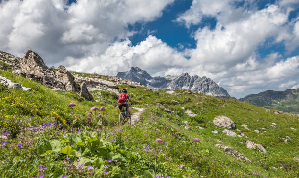 mountainbiking as montanhas de arlberg - arlberg - fotografias e filmes do acervo