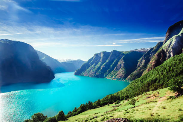 view on norway fiord landscape - aurlandsfjord, part of sognefjord - norwegian culture imagens e fotografias de stock