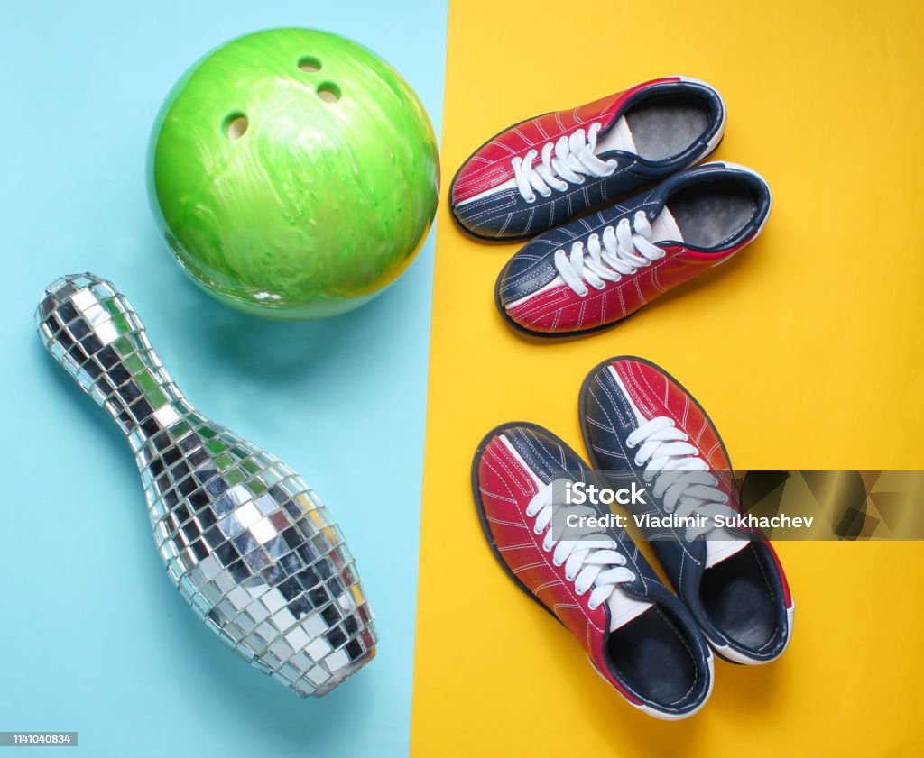 Bowling Shoes Disco Mirror Skittle And Bowling Ball On Blue Yellow