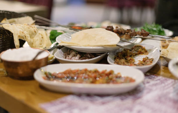 istock Grilled shish kebab and ayran on the restaurant table 1141041011