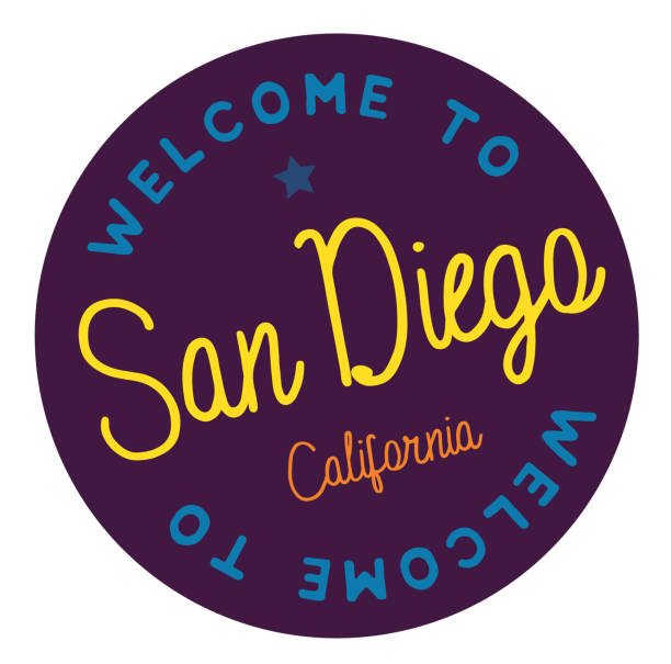 illustrazioni stock, clip art, cartoni animati e icone di tendenza di benvenuti a san diego in california - label travel san diego california california