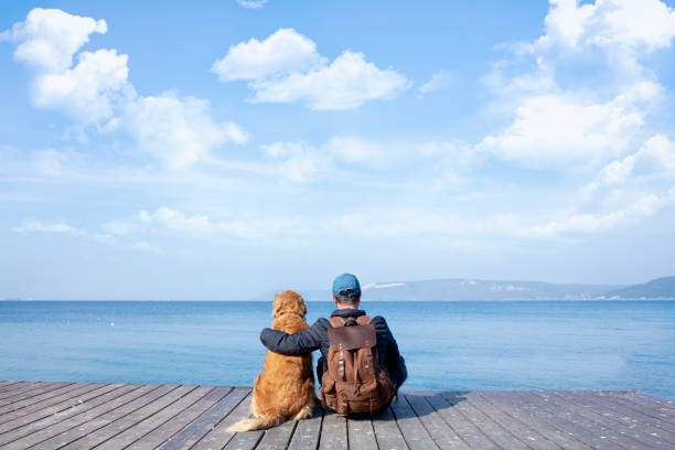 dog and man sitting on pier