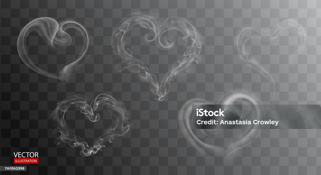 Hot steam over cup on dark or transparent background. White cigarette smoke wave. Set of heart fume on water, tea, food, coffee, ice. Vapor, mist, gas, fog vector illustration. Hazy fragrance on ice Heart Shape stock vector