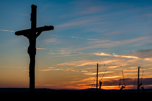 Crucifix in the wine garden. Religious cross in front of a colorful sunset in the vineyard in Lower Austria. Silhouette of grapevine. Wintertime in the vineyard