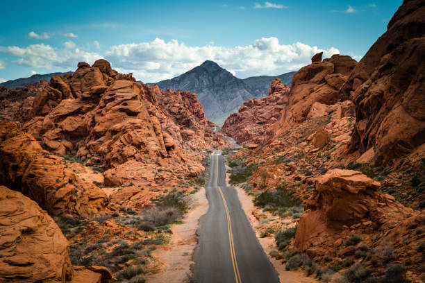 Valley of Fire Road Pic A view from above the road that runs through Valley of Fire, Nevada. red rocks stock pictures, royalty-free photos & images