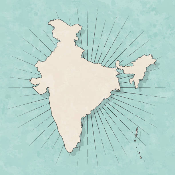 India map in retro vintage style - Old textured paper Map of India in a trendy vintage style. Beautiful retro illustration with old textured paper and light rays in the background (colors used: blue, green, beige and black for the outline). Vector Illustration (EPS10, well layered and grouped). Easy to edit, manipulate, resize or colorize. old indian stock illustrations