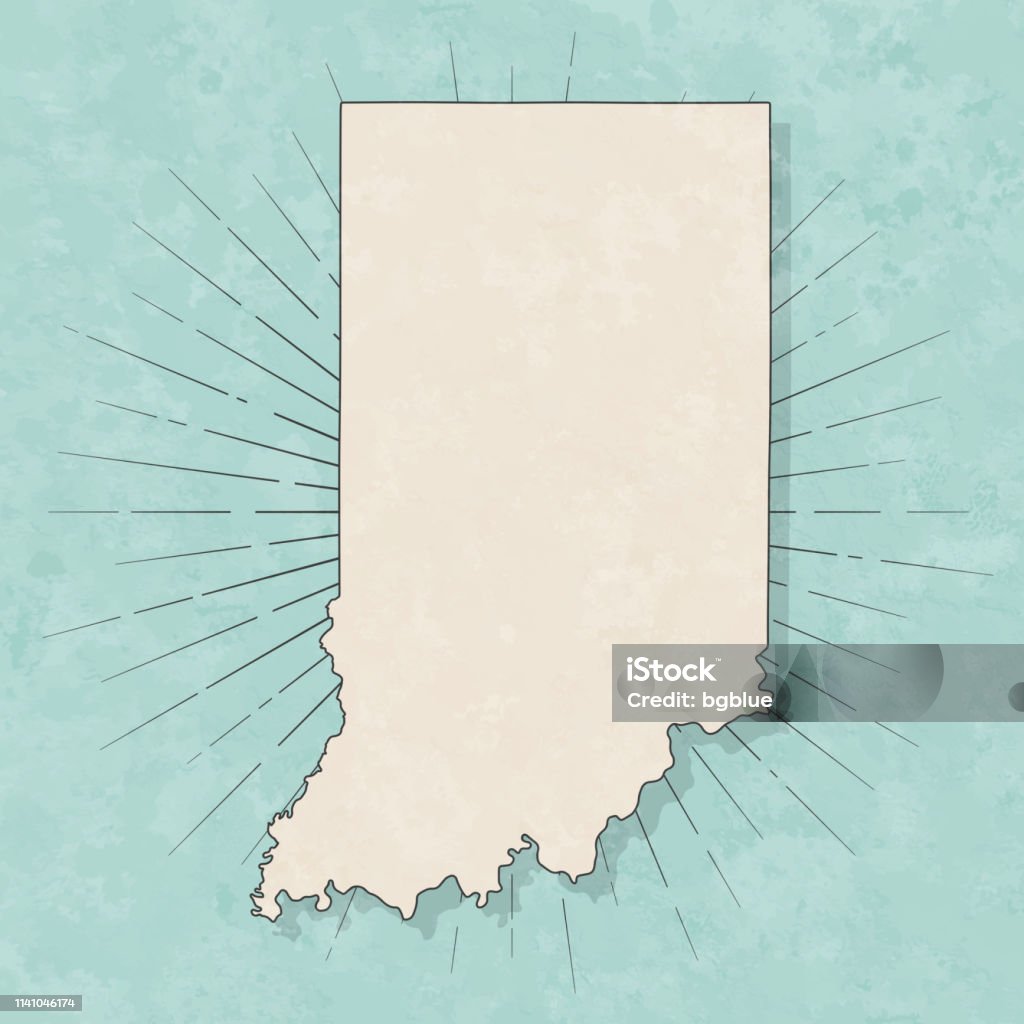 Indiana map in retro vintage style - Old textured paper Map of Indiana in a trendy vintage style. Beautiful retro illustration with old textured paper and light rays in the background (colors used: blue, green, beige and black for the outline). Vector Illustration (EPS10, well layered and grouped). Easy to edit, manipulate, resize or colorize. Indiana stock vector