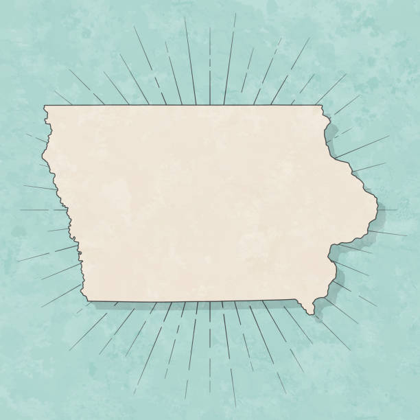 Iowa map in retro vintage style - Old textured paper Map of Iowa in a trendy vintage style. Beautiful retro illustration with old textured paper and light rays in the background (colors used: blue, green, beige and black for the outline). Vector Illustration (EPS10, well layered and grouped). Easy to edit, manipulate, resize or colorize. iowa stock illustrations