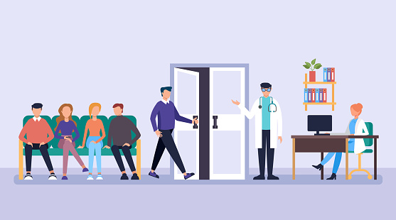 Patients people waiting for doctor in line. Doctor office medicine aid clinic concept. Vector flat cartoon graphic design