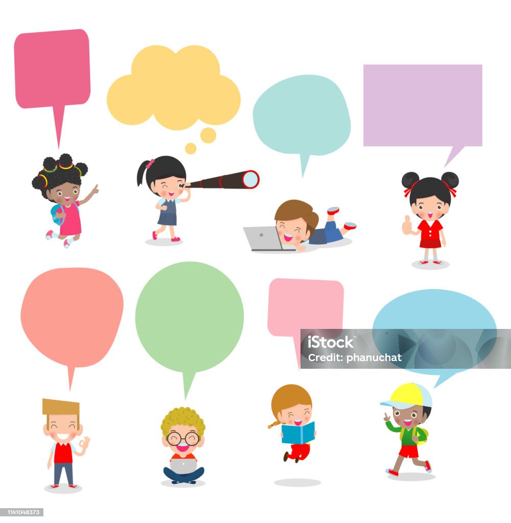 Cute kids with speech bubbles, Set of diverse Kids and Different nationalities with speech bubbles isolated on white background, Kids go to school with speech balloon, back to school, Vector Activity stock vector