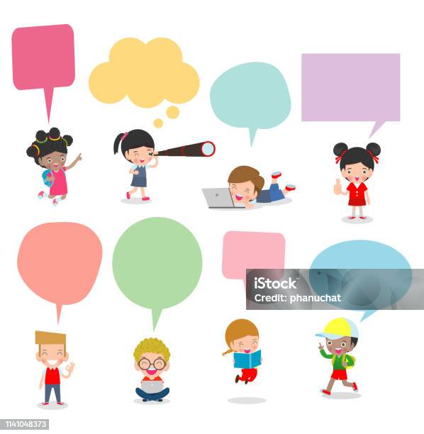 Cute Kids With Speech Bubbles Set Of Diverse Kids And Different Nationalities With Speech Bubbles Isolated On White Background Kids Go To School With Speech Balloon Back To School Vector Stock Illustration - Download Image Now