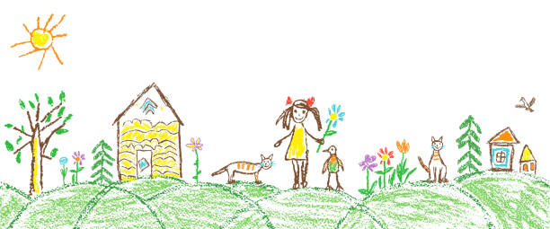 illustrazioni stock, clip art, cartoni animati e icone di tendenza di come il bambino disegno a mano villaggio giardino estivo. crayon, gesso pastello o matita semplice schizzo divertente doodle ragazza, casa, gatto, bambino, albero, fiore, prato, capanna. - flower bed gardening flower field