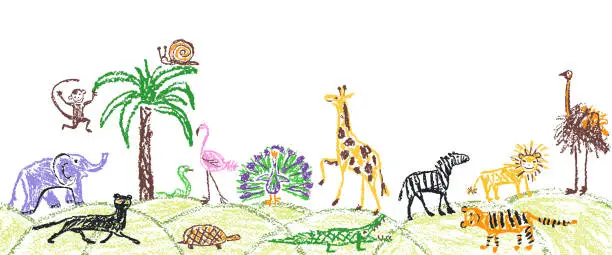 Vector illustration of Like child hand drawn wild animals set. Kid`s crayon giraffe, elephant, lion, monkey, zebra, crocodile.