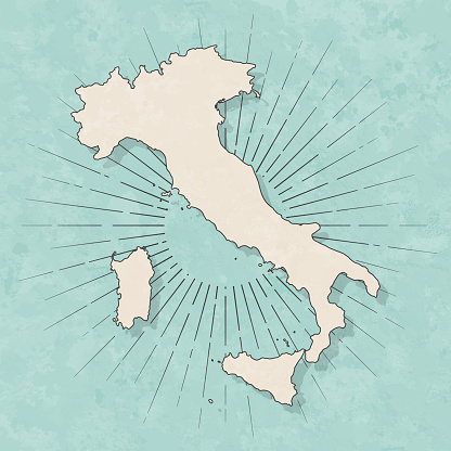 Map of Italy in a trendy vintage style. Beautiful retro illustration with old textured paper and light rays in the background (colors used: blue, green, beige and black for the outline). Vector Illustration (EPS10, well layered and grouped). Easy to edit, manipulate, resize or colorize.