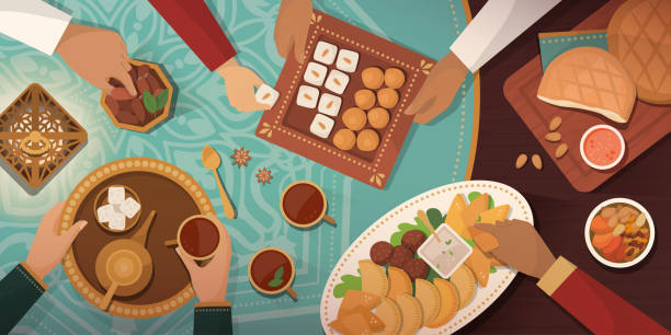 Ramadan celebration with traditional Iftar meal Ramadan celebration with Iftar meal: family gathering at home and eating together traditional recipes and desserts muslim family stock illustrations