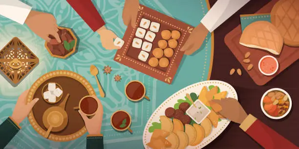 Vector illustration of Ramadan celebration with traditional Iftar meal