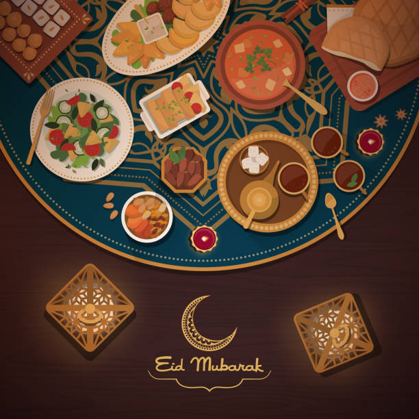 Eid Mubarak card with traditional food Eid elebration with traditional food recipes, Islamic culture and religion concept fruit of islam stock illustrations